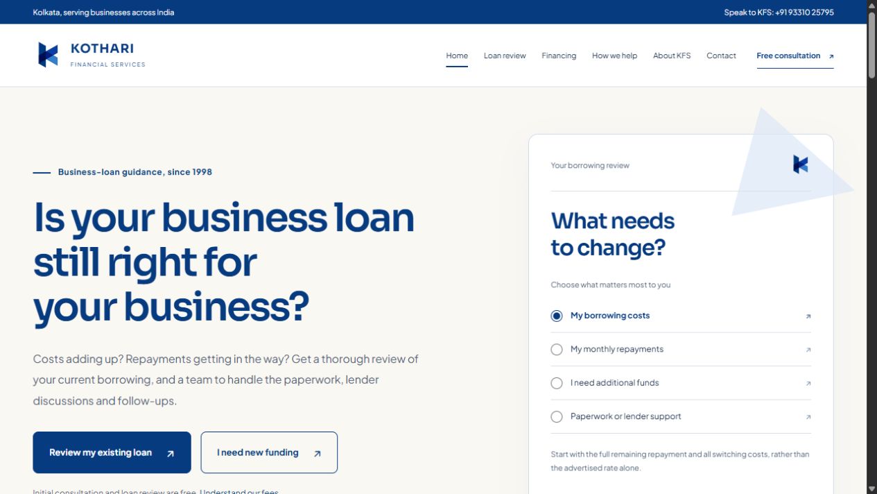 KFS website showing its business-loan review and financing services